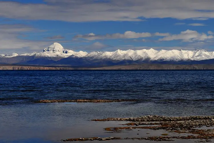 Panoramic view of Mount Kailash from Manasarovar Lake in Tibet