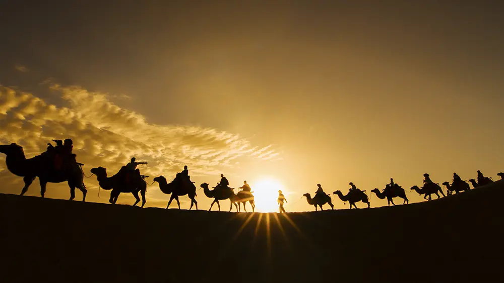 Amazing Sunset Over the Echoing Sand Mountains near Dunhuang