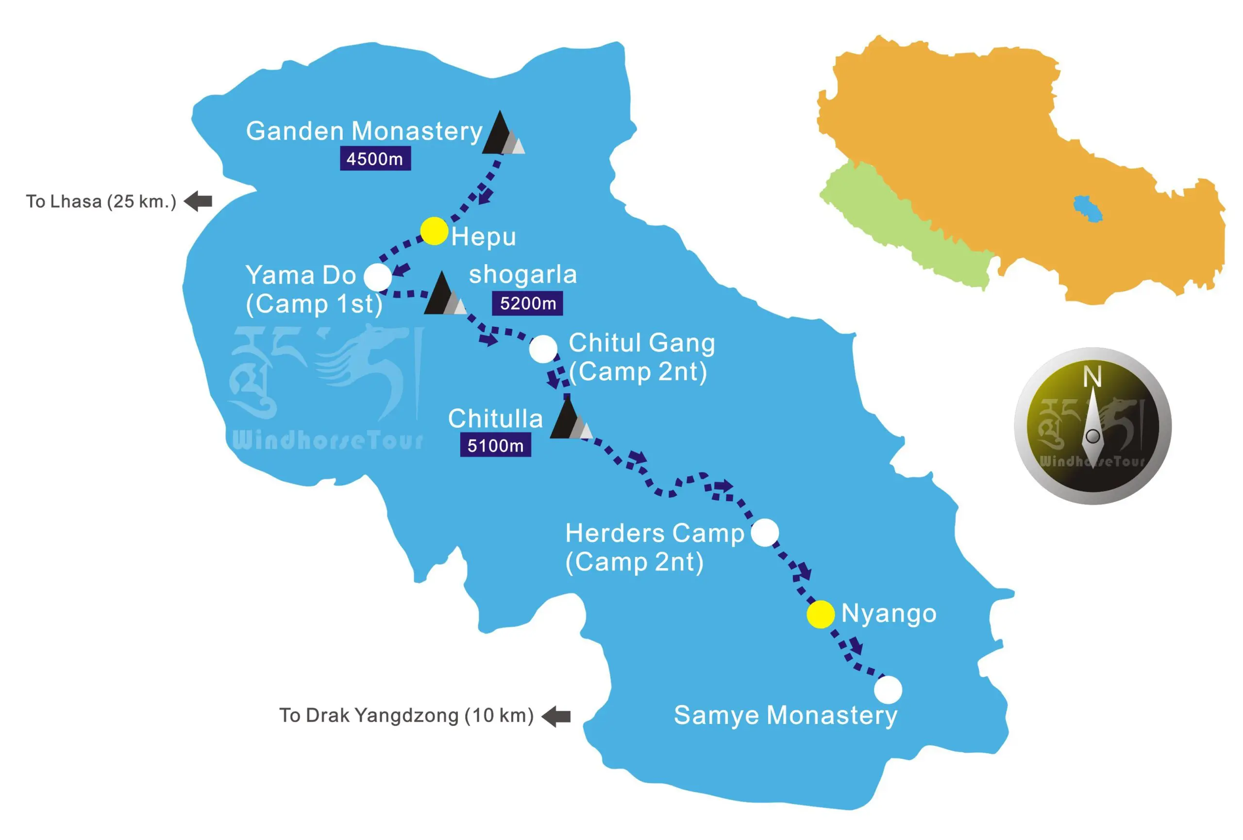 Ganden to Samye Trek route map