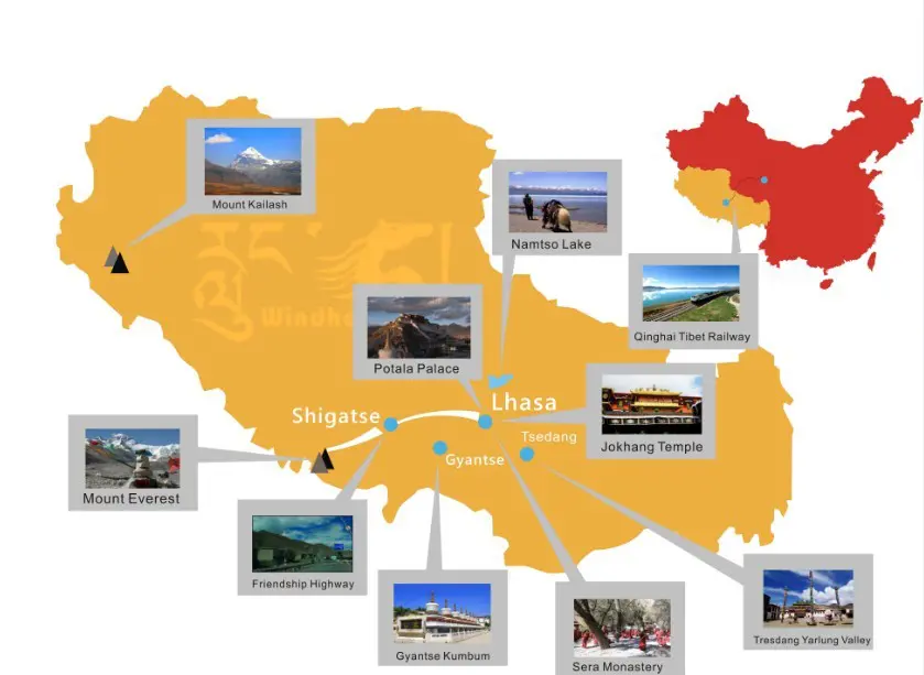 Tibet travel destinations on the Map
