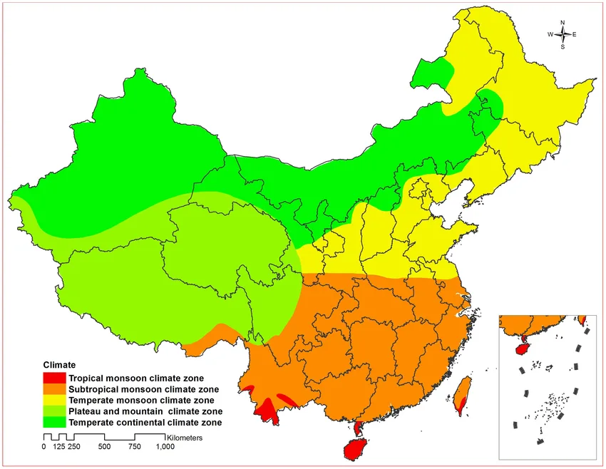 Map showing China's three climate zones: high plateau climate in Tibet, inland climate in Sichuan and Zhangjiajie, and monsoon climate in eastern and southern China