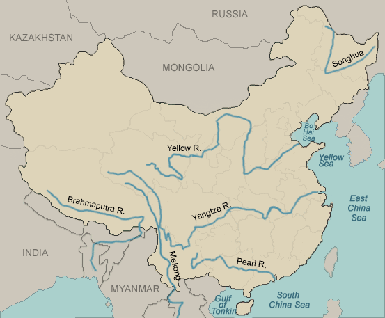 Topographic map showing China's major rivers flowing west to east, including the Yangtze, Yellow, and Pearl rivers