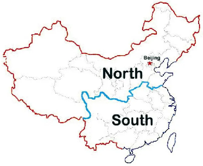 Map showing China's Qinling-Huaihe line dividing the dry wheat-growing north from the humid rice-growing south