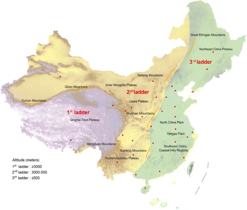 Map showing China's three-step topography descending from the Tibetan Plateau at 4,000m+ in the west to coastal plains below 500m in the east