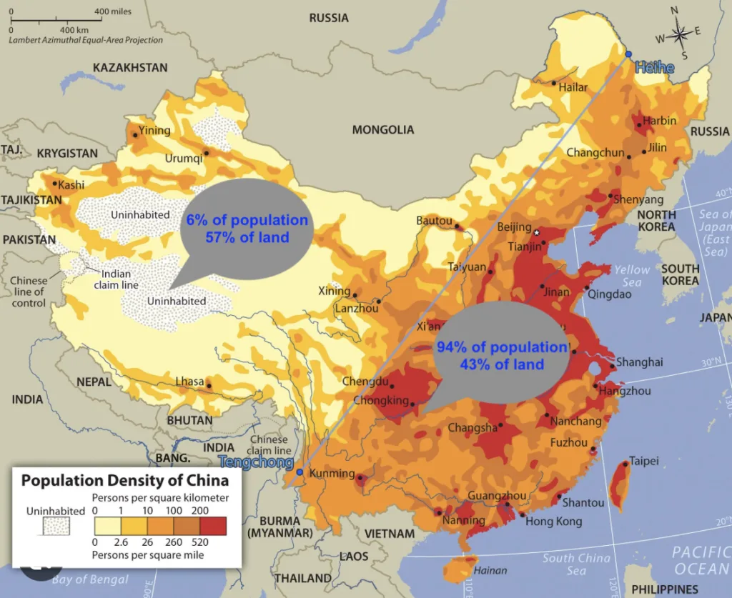 Map of China showing population density divided by the Heihe–Tengchong Line between eastern and western regions