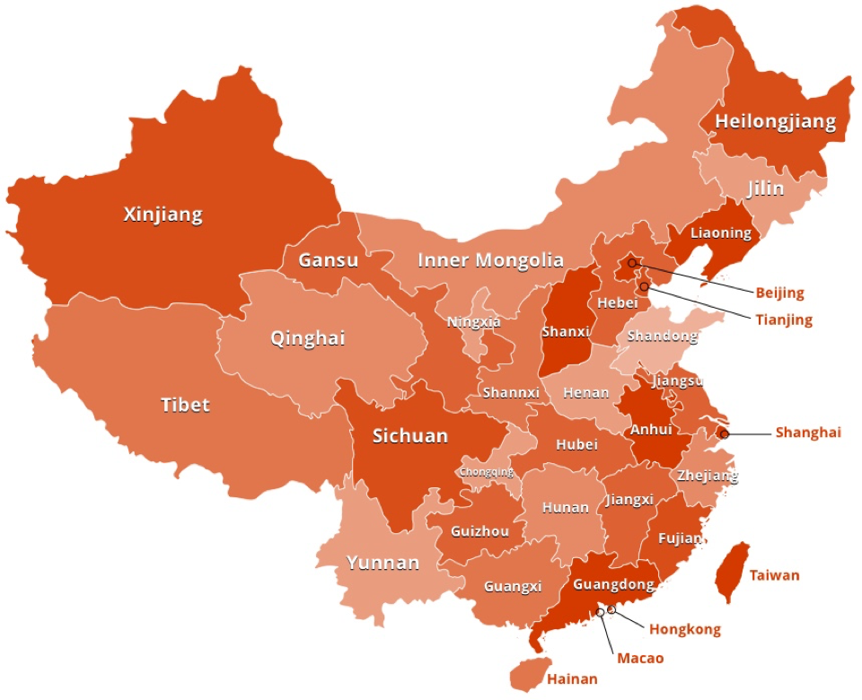 Map of China showing provincial divisions including provinces, autonomous regions, and municipalities