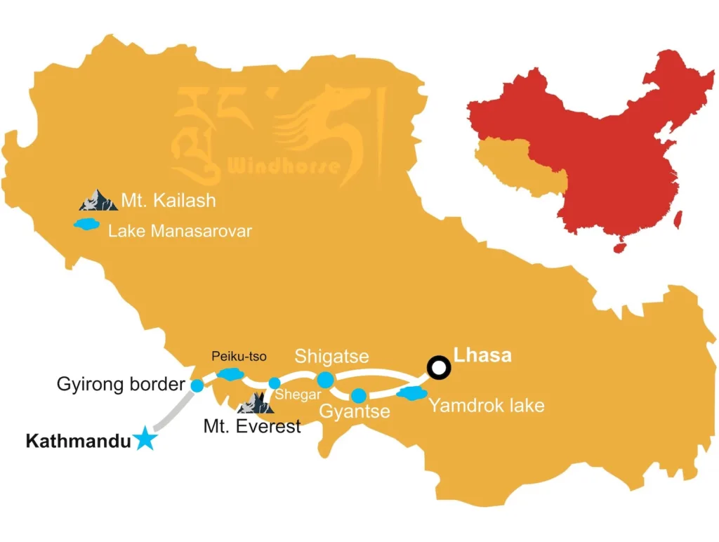 Kathmandu to Lhasa overland group tour map via Everest Base Camp