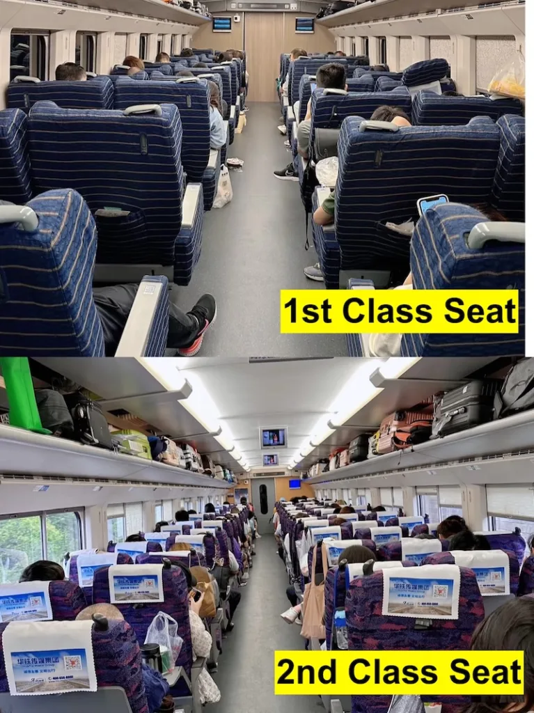 Comparison of China high-speed train seating: First Class 2+2 layout vs. Second Class 3+2 layout.