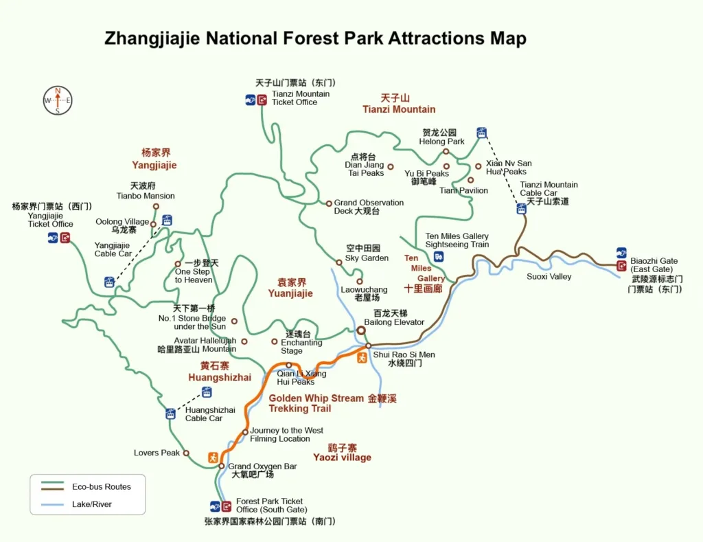 Zhangjiajie National Forest Park attraction map showing Yuanjiajie, Tianzi Mountain, Yangjiajie, Golden Whip Stream, and main routes