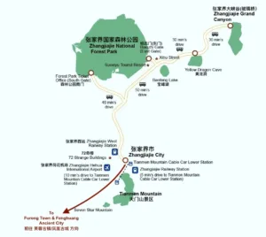 Zhangjiajie tourist map showing National Forest Park, Tianmen Mountain, Grand Canyon, and nearby attractions