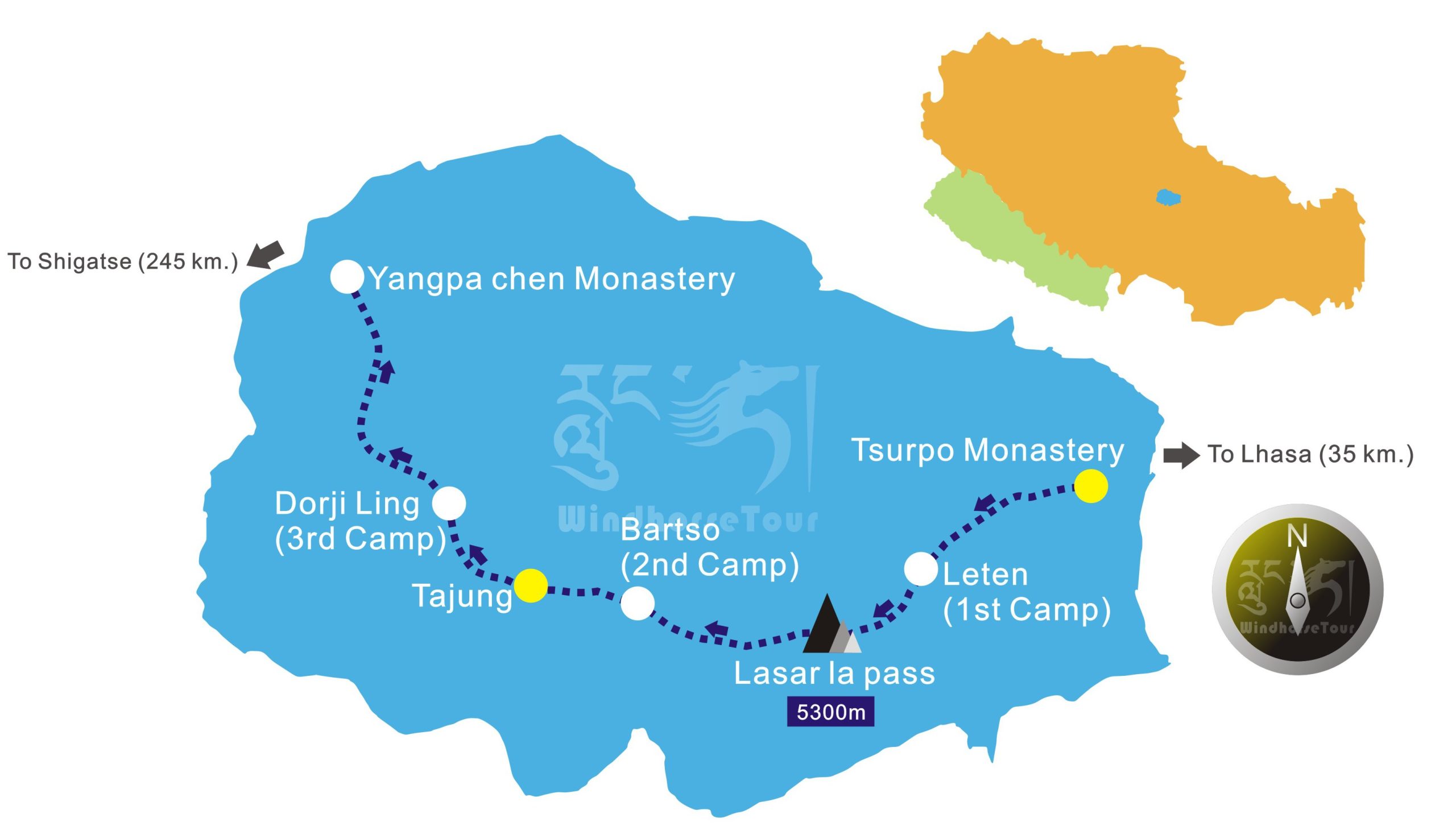Tsurphu to Yangpachen Trek route map, one of the best treks near Lhasa Tibet